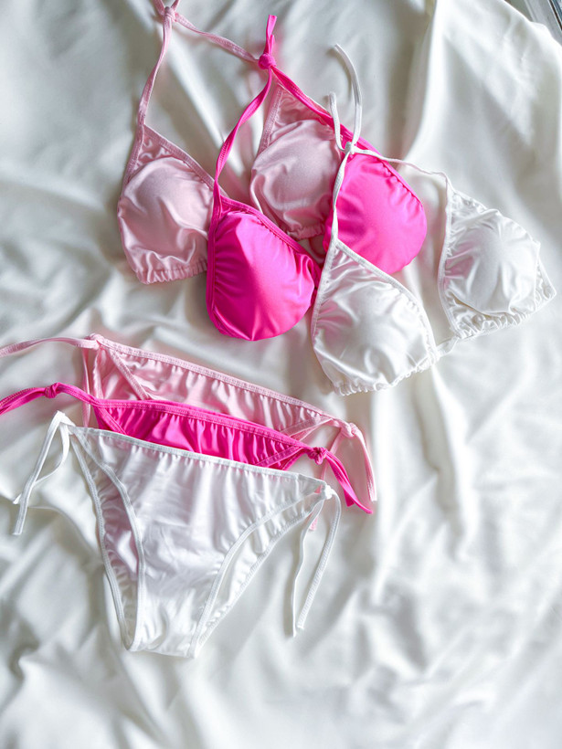 مایو دو تیکه ( بیکینی ) بند و پد متحرک با جنس کره ای ضد کلر در رنگ های پاستیلی