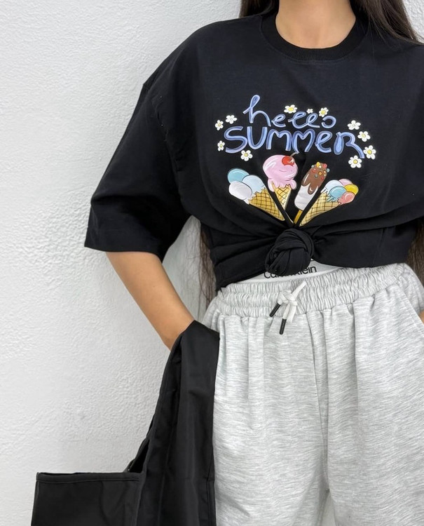 تیشرت باکسی چاپی نخ پنبه طرح HELLO SUMMER