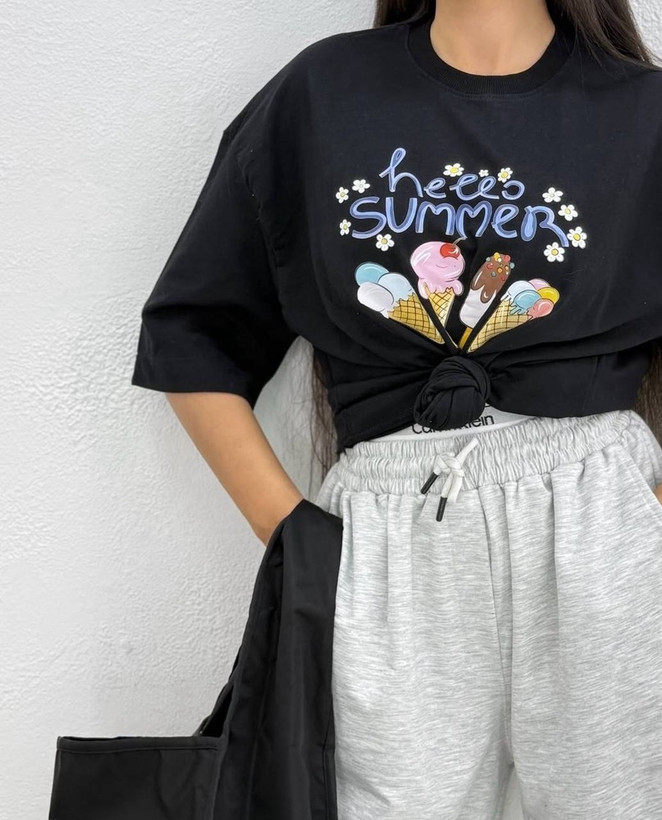 تیشرت باکسی چاپی نخ پنبه طرح HELLO SUMMER