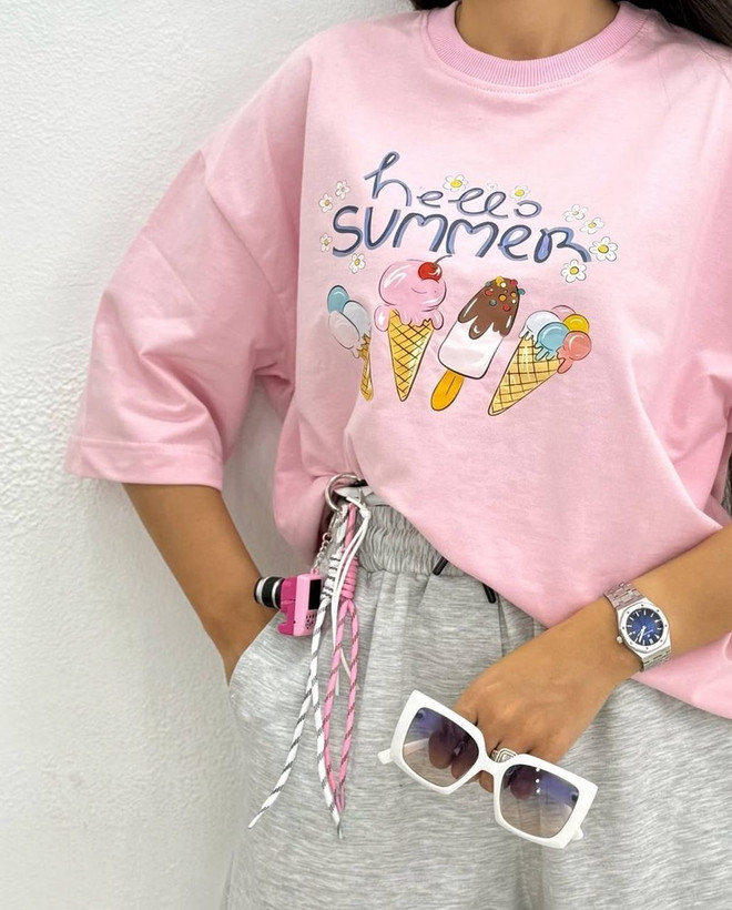 تیشرت باکسی چاپی نخ پنبه طرح HELLO SUMMER