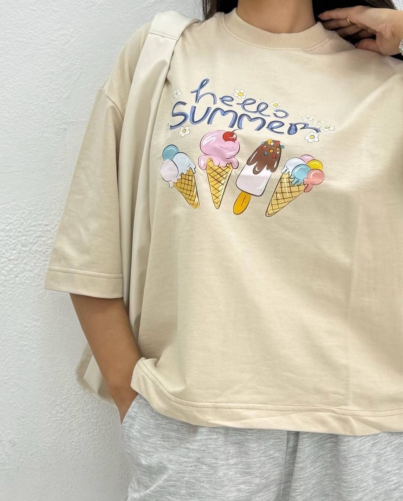 تیشرت باکسی چاپی  نخ پنبه طرح HELLO SUMMER