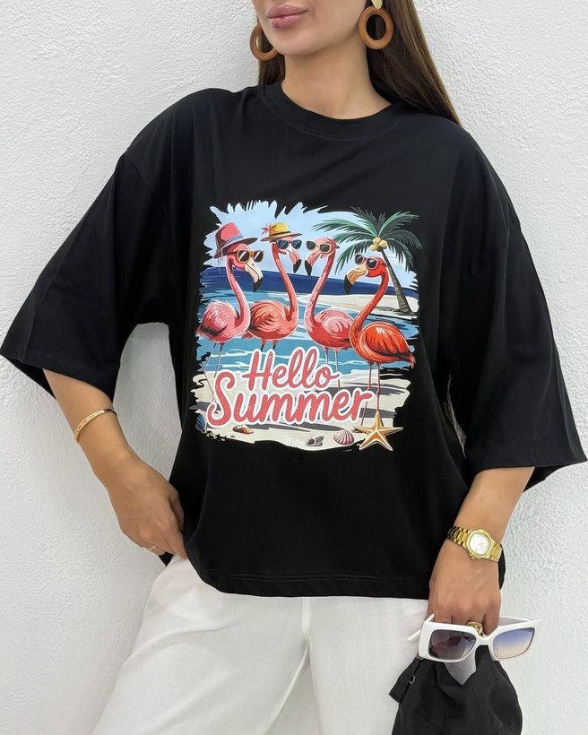تیشرت باکسی سامر طرح HELLO SUMMER نخ پنبه "نخ سایز 30"