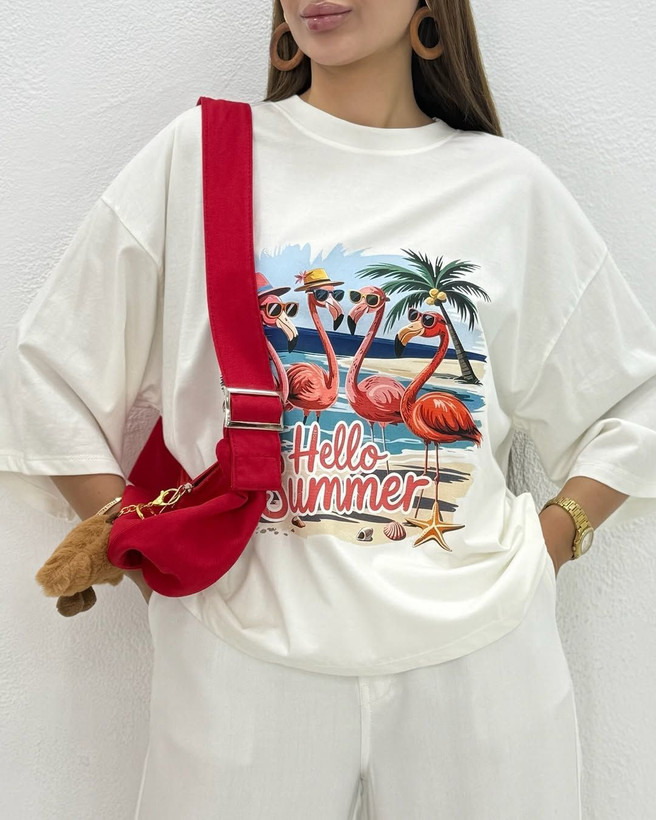 تیشرت باکسی سامر طرح HELLO SUMMER نخ پنبه "نخ سایز 30"