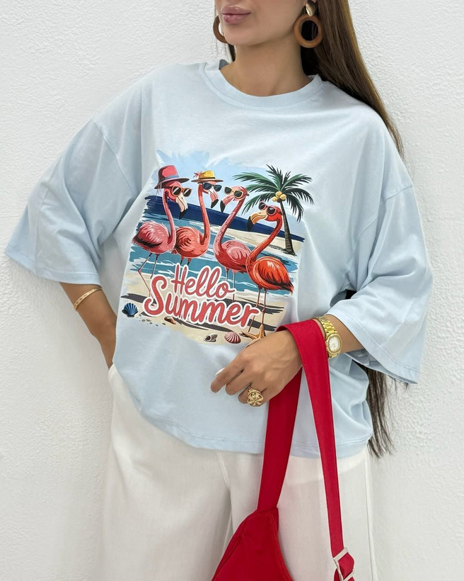تیشرت باکسی سامر طرح HELLO SUMMER نخ پنبه "نخ سایز 30"