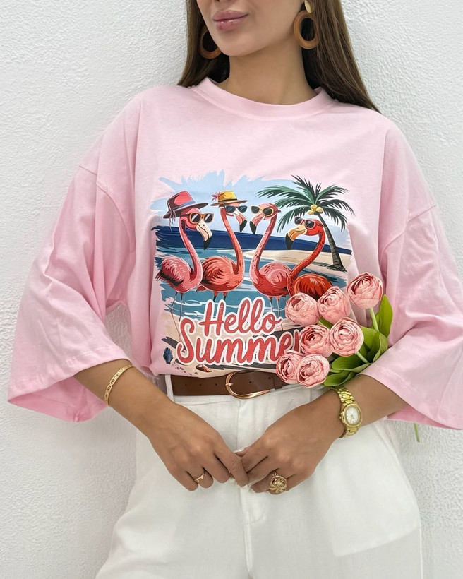 تیشرت باکسی سامر طرح HELLO SUMMER نخ پنبه "نخ سایز 30"