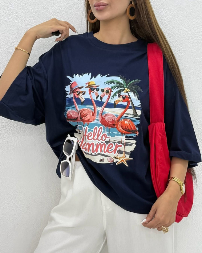 تیشرت باکسی سامر طرح HELLO SUMMER نخ پنبه "نخ سایز 30"