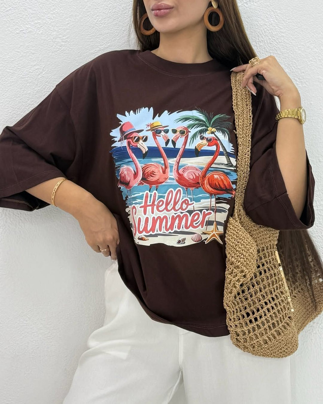تیشرت باکسی سامر طرح HELLO SUMMER نخ پنبه "نخ سایز 30"